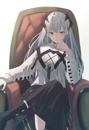 Saria from Arknights sitting on a chair
