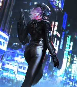 Woman with gun in cyberpunk city