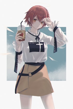 Exusiai from Arknights holding a drink