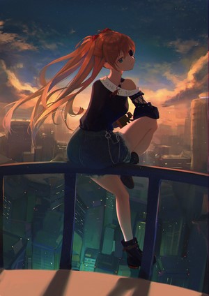 Asuka Langley Soryu from Neon Genesis Evangelion sitting on a railing