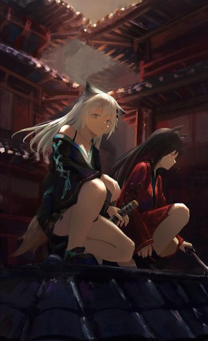 Texas and Lappland from Arknights on a rooftop