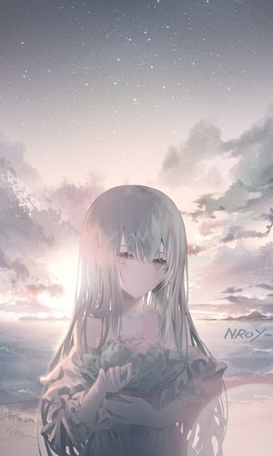 Anime girl with silver hair holding flowers on a beach