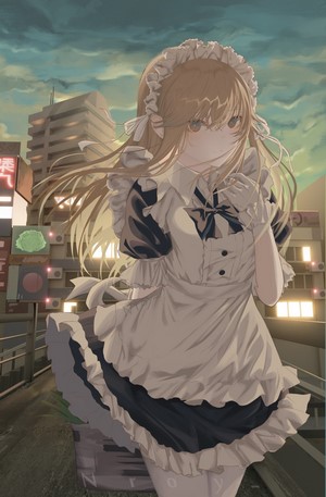 Anime girl in maid outfit in urban setting