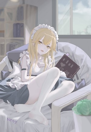 Maid girl with blonde hair reading a book indoors