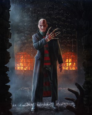 Freddy Krueger in a dark, fiery prison