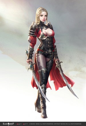 Warrior woman with blonde ponytail and swords