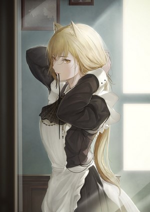 Anime girl with blonde hair and cat ears in a maid outfit