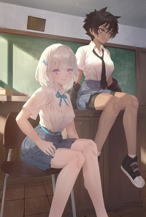 Two anime girls in school uniforms in a classroom