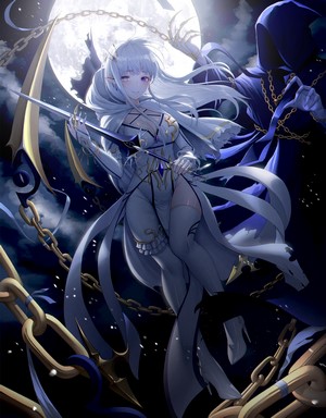 Anime girl with scythe and chains under the moon