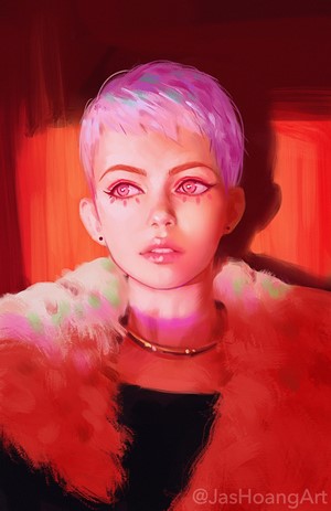 Portrait of a woman with short pink hair and pink eyes