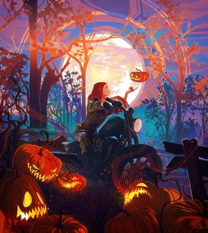 Woman on motorcycle with pumpkins under the moon
