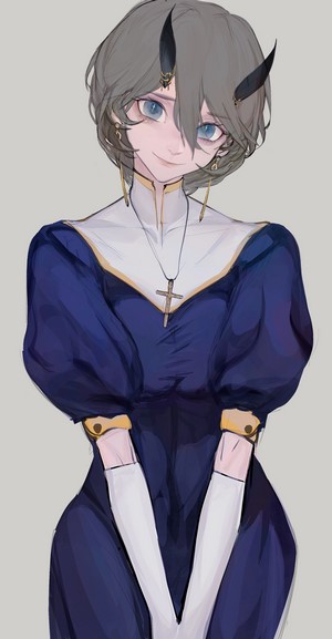 Fictional character with horns wearing a blue dress