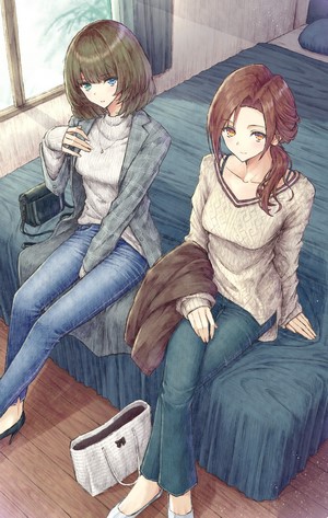 Two anime girls in jeans and sweaters sitting on a bed