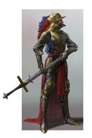 Knight in ornate golden armor holding a sword