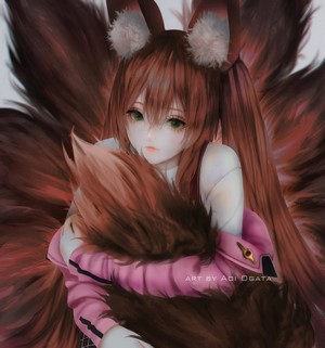 Fox girl with brown hair and green eyes by Aoi Ogata