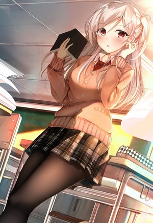 Anime girl with silver hair holding a book in a classroom