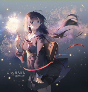 Anime girl with sparkler and fireworks