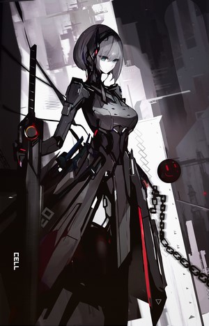 Anime cyborg girl with sword and chain