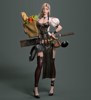 Fantasy woman with groceries and cooking tools