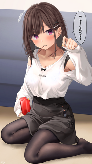 Anime girl eating Pocky with a bag of snacks