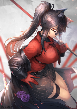 Texas from Arknights with wolf ears and glasses