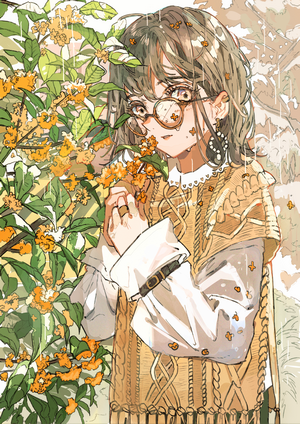Anime girl with glasses and flowers