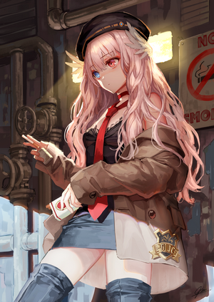 Anime girl with pink hair and heterochromia holding a cigarette