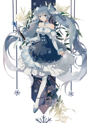 Hatsune Miku in a winter-themed dress with lilies