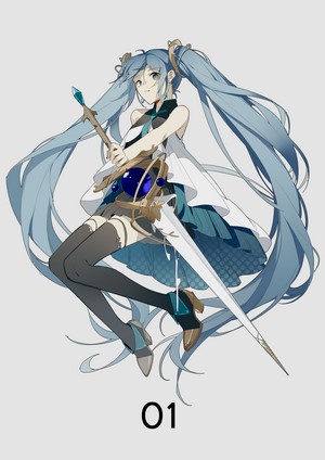 Hatsune Miku from Vocaloid with sword and staff