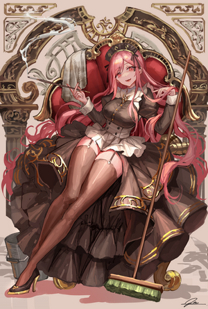 Maid with pink hair smoking a cigarette on a throne