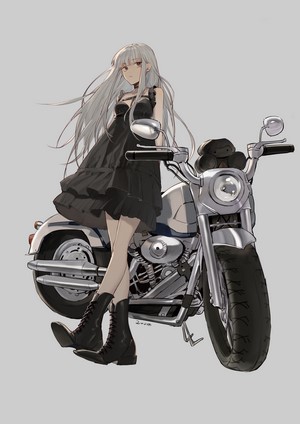 Anime girl with silver hair and black dress on a motorcycle
