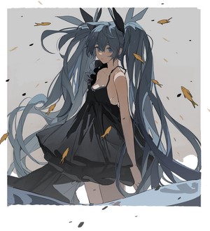 Hatsune Miku from Vocaloid in a black dress with fish