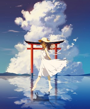 Anime girl in white dress and straw hat at Torii gate
