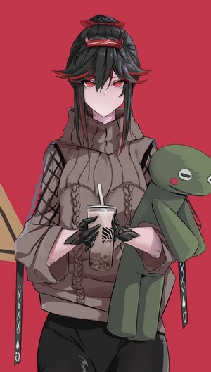 Anime girl with horns holding bubble tea and plush toy