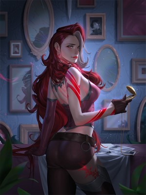 Woman with long red hair holding a locket