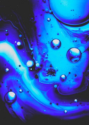 Abstract blue and purple fluid art with bubbles