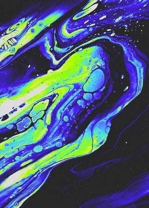 Abstract fluid art with green and purple swirls