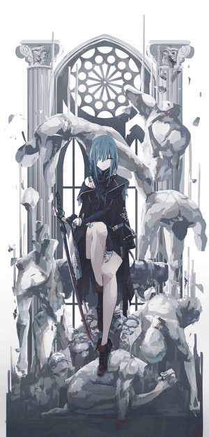 Anime girl with blue hair sitting on statues