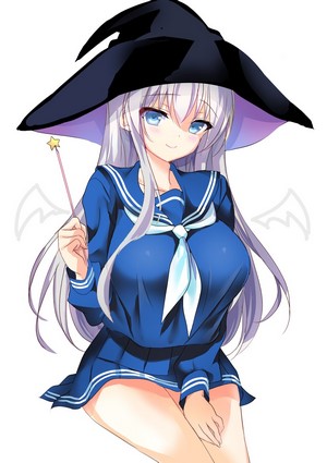 Anime girl in witch hat and school uniform holding wand