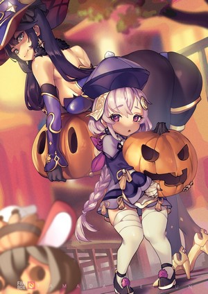 Genshin Impact Qiqi and Mona Halloween Scene