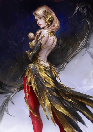 Fantasy woman with golden wings and red leggings