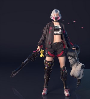 Cyberpunk girl with sword and severed head