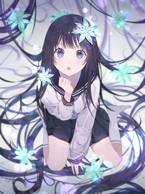 Chitanda Eru from Hyouka kneeling with flowers