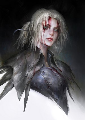 Fantasy art of a wounded woman with green eyes