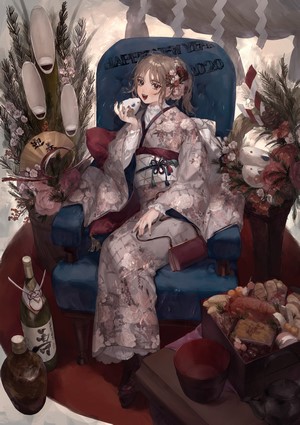 Anime girl in kimono celebrating New Year