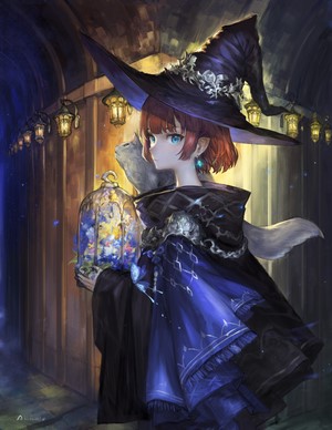 Akefumi witch with cat holding a lantern
