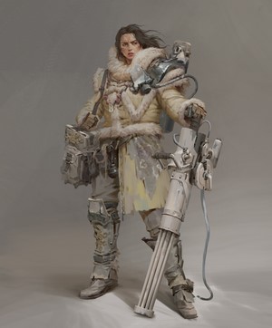 Fictional character in winter gear with weapon