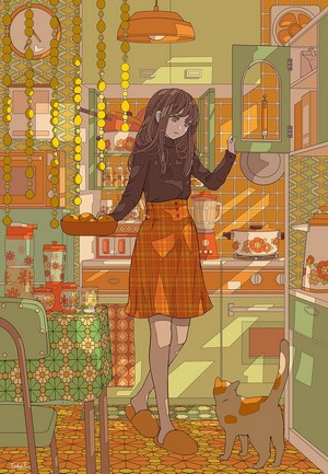 Anime girl in a retro kitchen with a cat