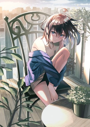 Anime girl sitting on a chair on a balcony