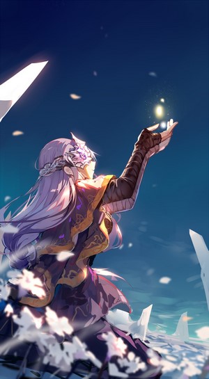 Anime girl with purple hair reaching for stars